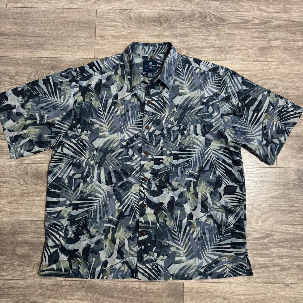 100% Silk Caribbean Joe Tropical Palm Leaf Button Down Shirt XXL Blue Green Mens